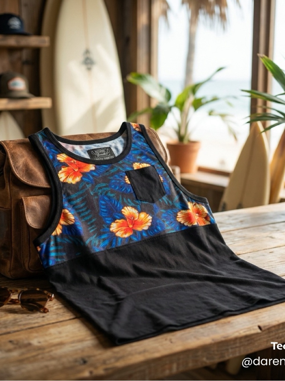 Tropical Hibiscus Pocket Tank Top - Black & Blue